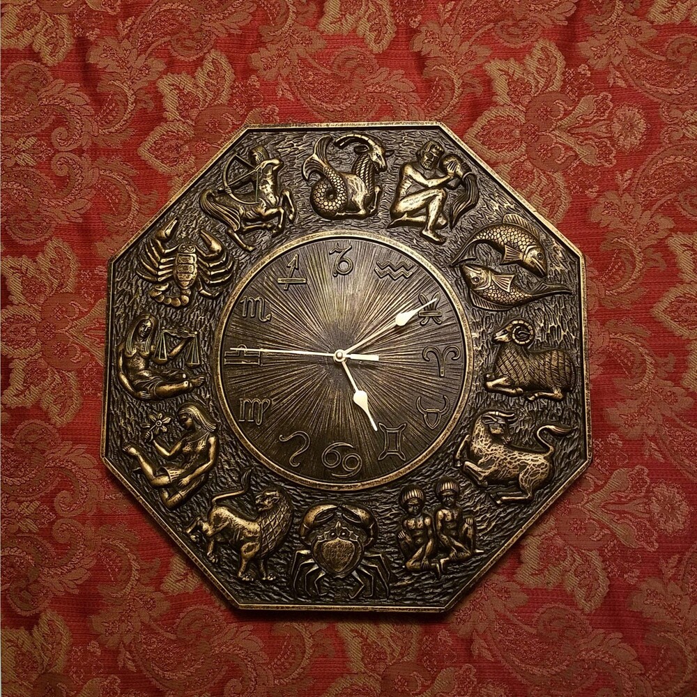Vintage 1960s Syroco Zodiac Wheel Clock, Astrology Horoscope Wall Decor Plaque